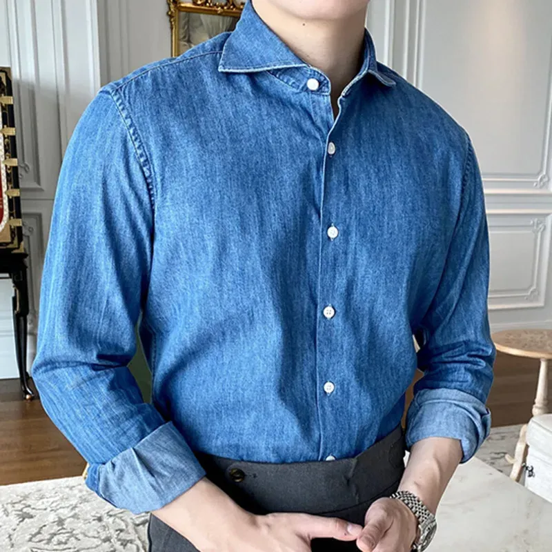 Men s Denim Blue Casual Long Sleeve Shirt High Quality Solid Color Office Tuxedo Shirt