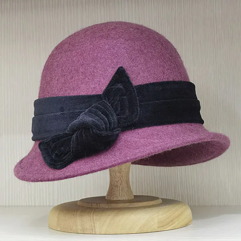 Ladies Fedora Hat: Womens Wool Cloche Hat With Velvet Bow  display picture 1