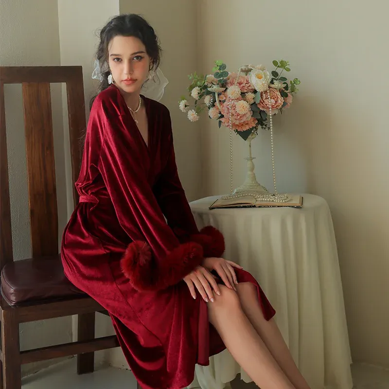 DHgate Burgundy Velour Feather Kimono Robe for Women Sexy Long Bathrobe Nightgown Home Garden
