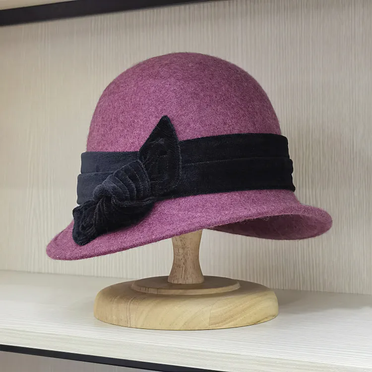 Ladies Fedora Hat: Womens Wool Cloche Hat With Velvet Bow  display picture 1