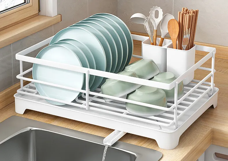 KINGRACK Expandable Dish Drying Rack - Aluminium Foldable Dish Racks For Kitchen Counter, Adjustable Dish Drying Rack With Drainboard Set Swivel Spout, Removable Utensil Holder, Cups Holder, Black