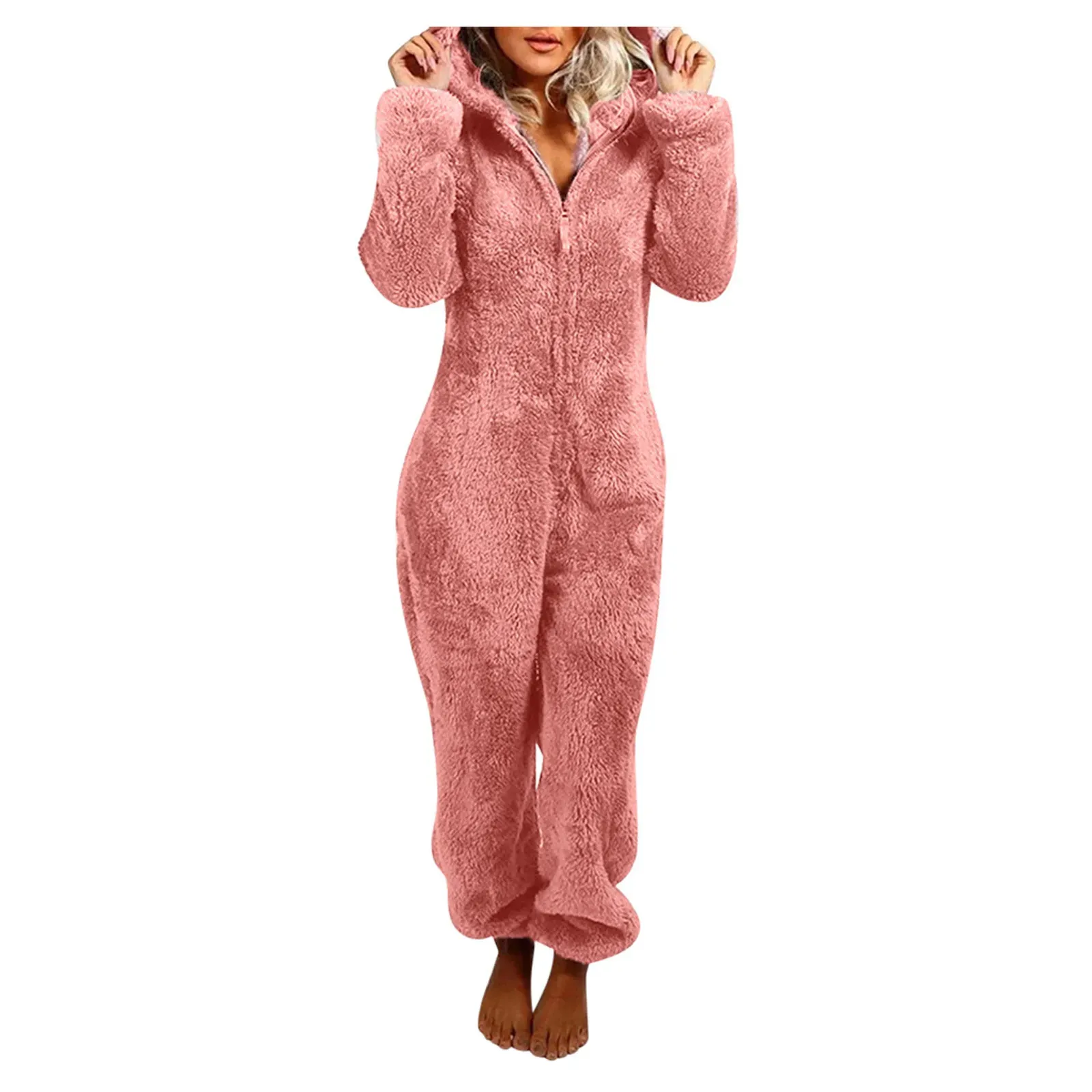 DHgate 2024Cozy Fleece Hooded Onesie Pajamas for Women Full Zip Warm Sleepwear Romper Baby Kids Maternity