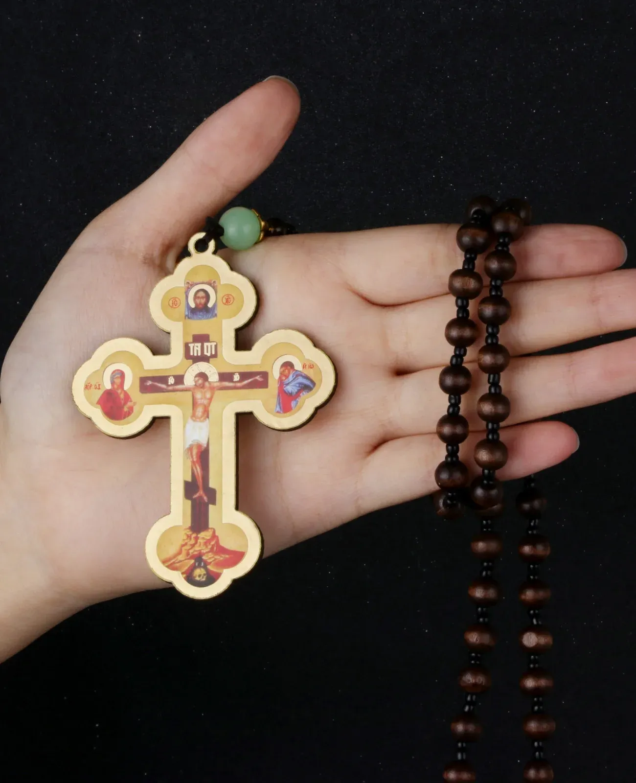 Collana In Legno Con Croce | Perline Naturali | Gioiello Religioso Unisex | 30,5 Cm - 2
