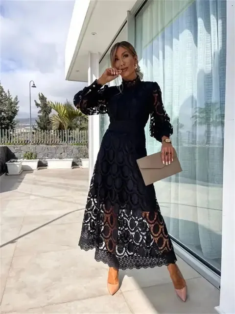 mid calf lace dress Long Sleeve lace Splicing Crochet Embroidered Women's lace maxi dress