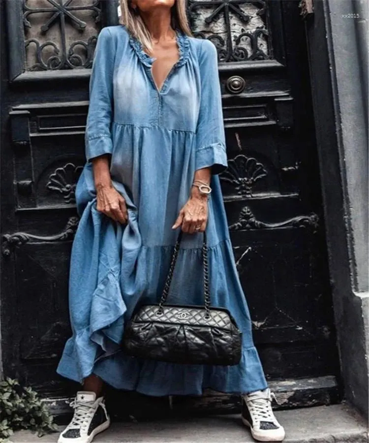 chinese dress ladies Elegant Blue Denim Dress for Summer Events and Casual Outings