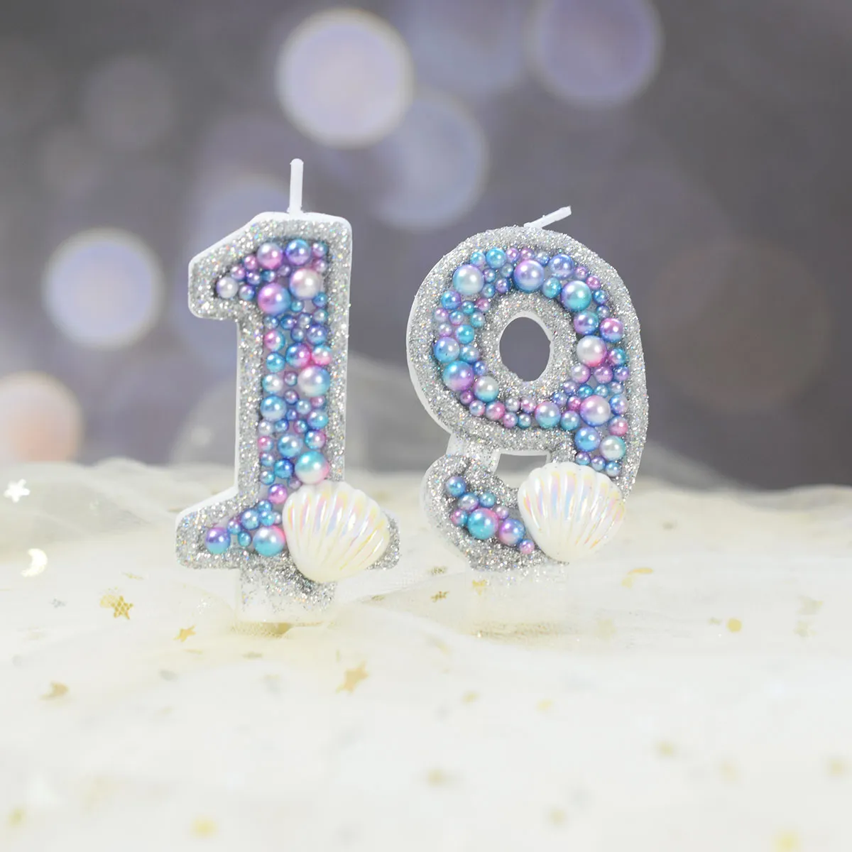 3 Inch Birthday Number Candles — Blue Sequins Shell Design For Mermaid Themed Cakes & Parties - View #6