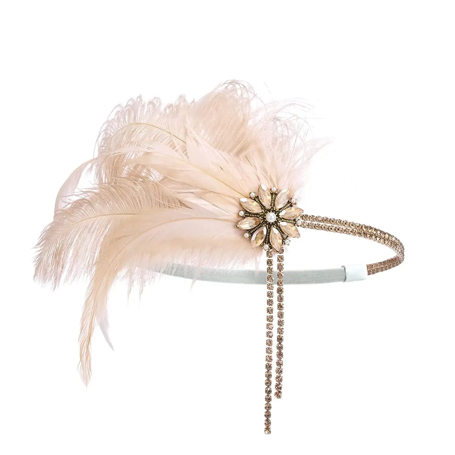 1920s Headband Jewelry: Rhinestone Pearl Feather Headpiece, Great