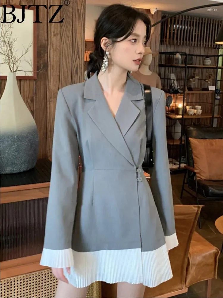 Women's Long Sleeved Patchwork Suit Collar A-line Skirt Blazer Dress for  Spring Summer Casual Wear