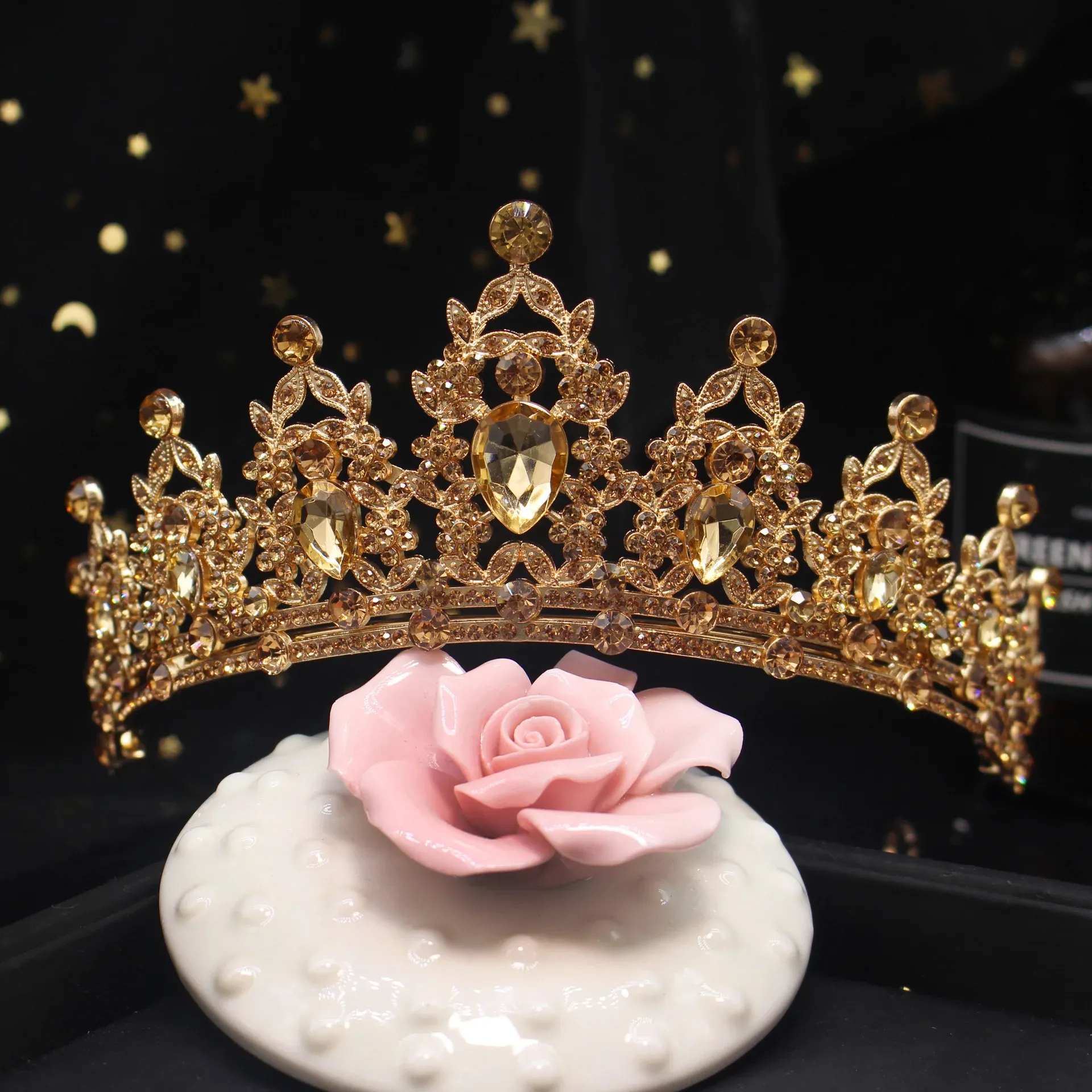 Gold Crown Crystal Tiara, Princess Crown, Gold Wedding Tiara, Wedding Pink Crown Yolmina Pink Baroque Queen Crown Tiara - Crystal Wedding  main image 3