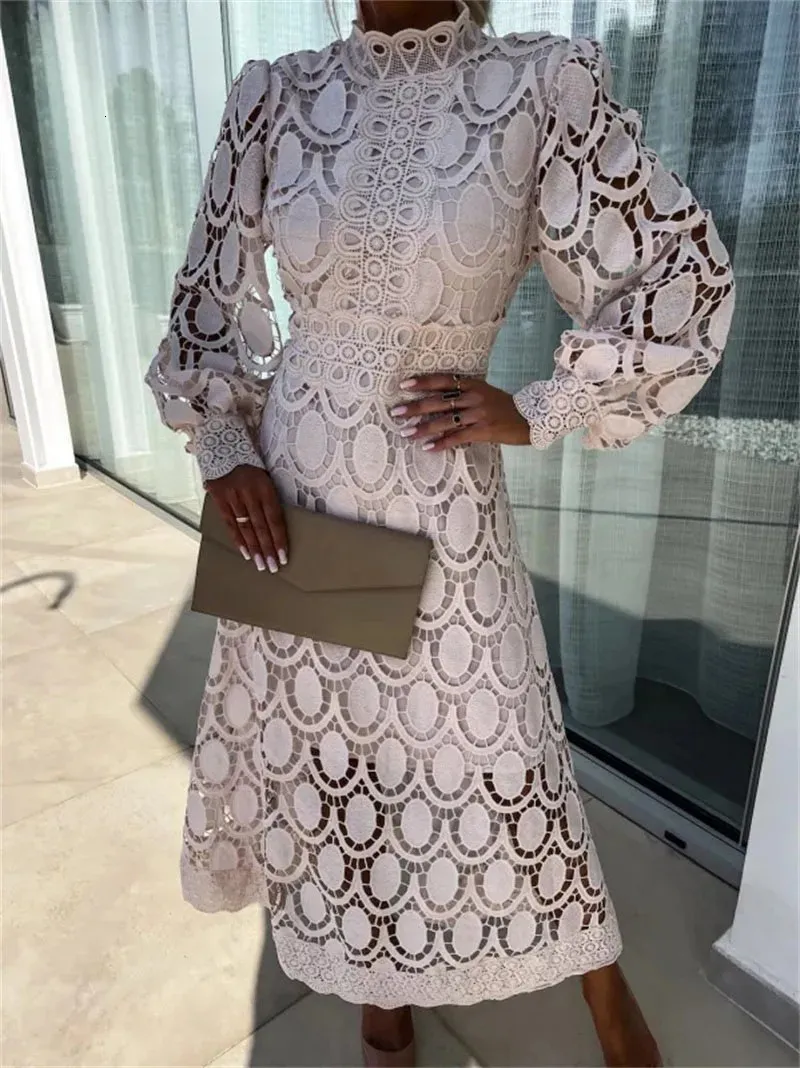 Elegant Women's Long Sleeve Dress - Lace Splicing Crochet Embroidery Solid Color A-Line Style, Hollowed Out Design
