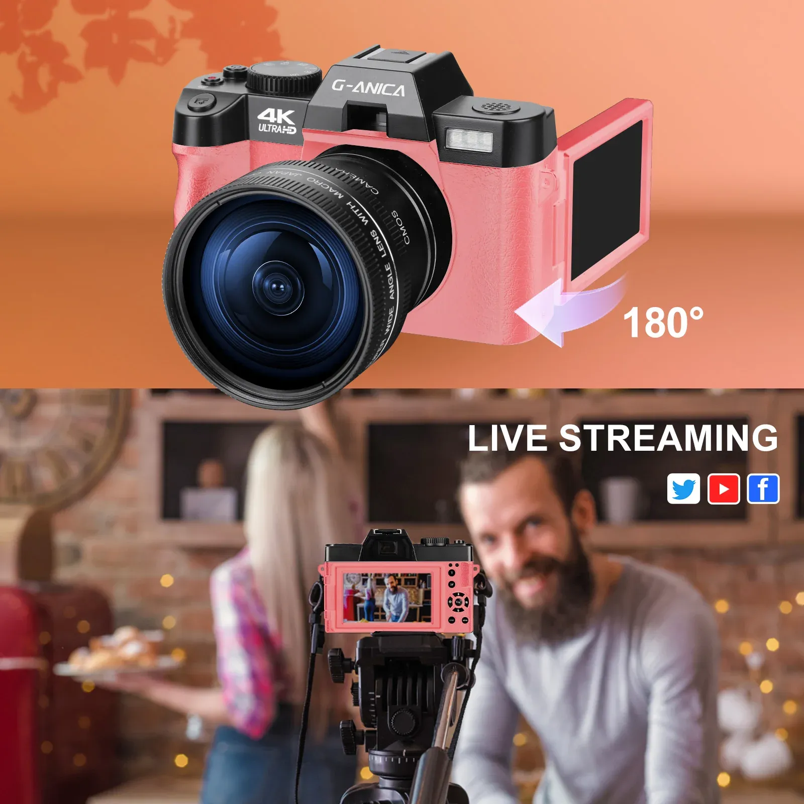 4K Digitale Camera Autofocus Vlogging 48MP Camera 16X Zoom WiFi 180 Graad Flip Screen Reiscamera (PINK
