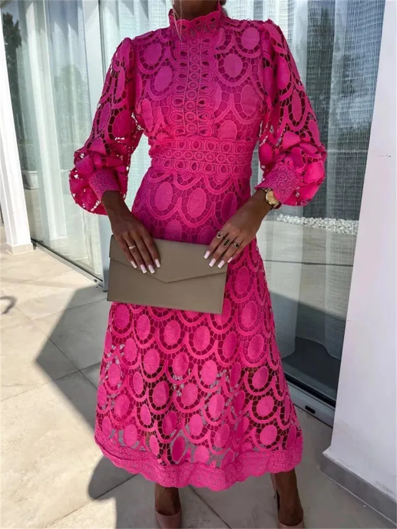 Elegant Women's Long Sleeve Dress - Lace Splicing Crochet Embroidery Solid Color A-Line Style, Hollowed Out Design