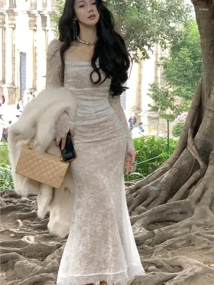 chinese dress ladies Women's Ciara Trumpet Bishop Sleeved Lace Midi Dress S/M/L Grey Mean Blvd S / Grey main image 1
