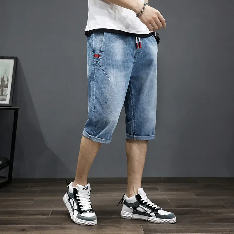 DHgate Mens Denim Shorts Plus Size 3 4 Capri Jeans Relaxed Loose Fit Summer Casual Cotton Blue Trousers Baby Kids Maternity