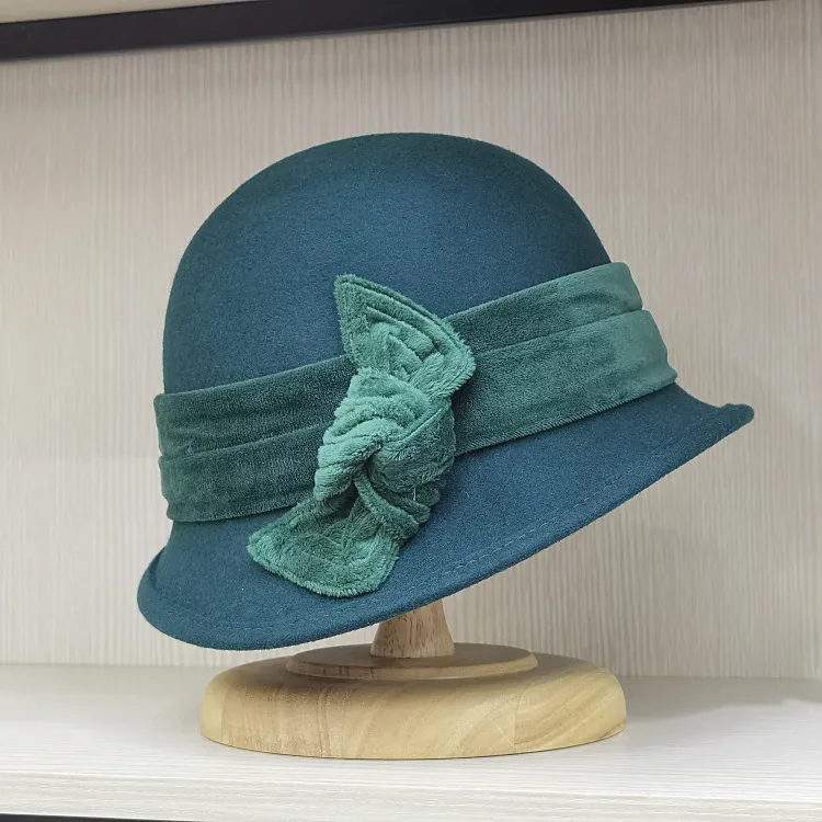 Womens Wool Cloche Hat, Retro Velvet Bow Fedora With... From  display picture 3