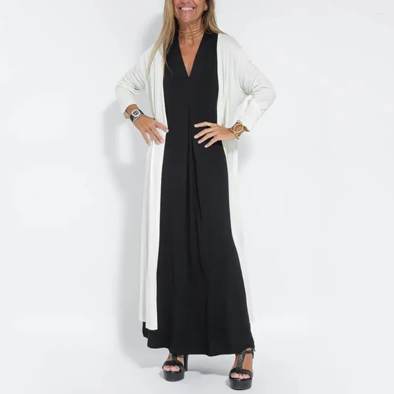 Women's Sleeveless A-line Vest wrap maxi dress with Long Sleeve Cardigan and V-Neck - Simple Style Split, Loose Fit, Ankle Length, Solid Color Women's Sleeveless A-line Vest wrap maxi dress with Long Sleeve Cardigan and V-Neck - Simple Style Split, Loose Fit, Ankle Length, Solid Color