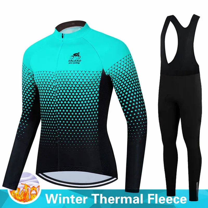 SALEXO Team Mens Winter Cycling Jersey Set Thermal Fleece Long