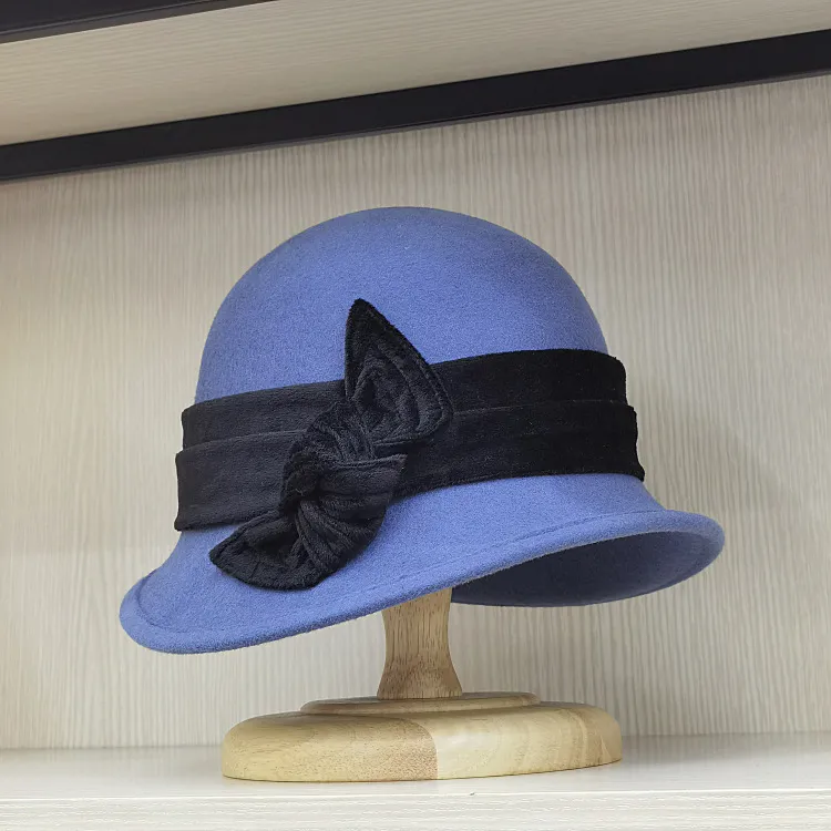 Ladies Fedora Hat: Womens Wool Cloche Hat With Velvet Bow  display picture 2