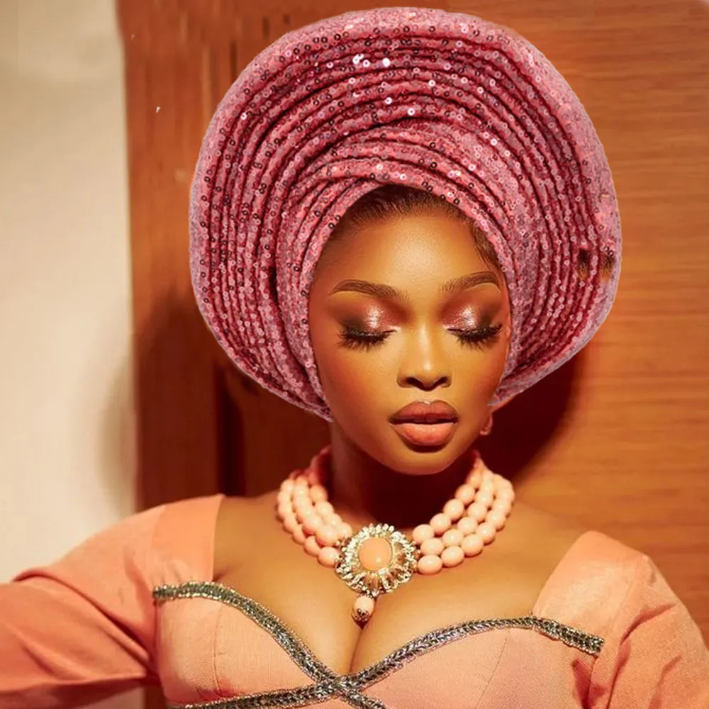 Elegant Orange Sequin Wrapped Headwrap Sequins Auto Gele Headtie African Women main image 2
