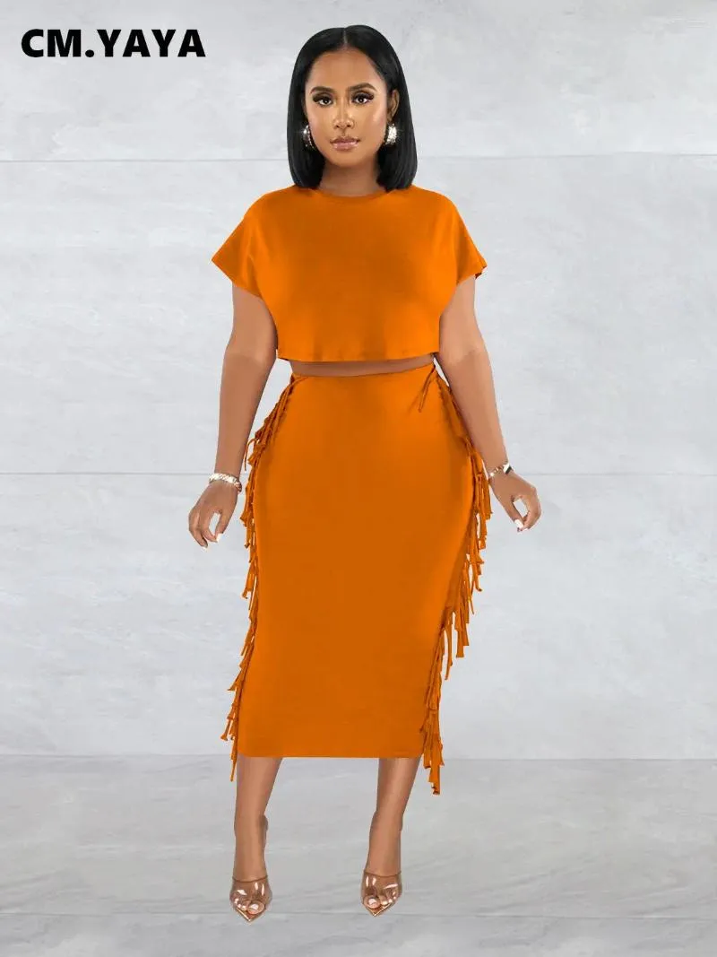 Work Dresses CM. Fashion Women Two 2 Piece Set Outfits Short Sleeve T shirt And Tassel Side Midi Skirt Suit 2024 Summer Party Dress