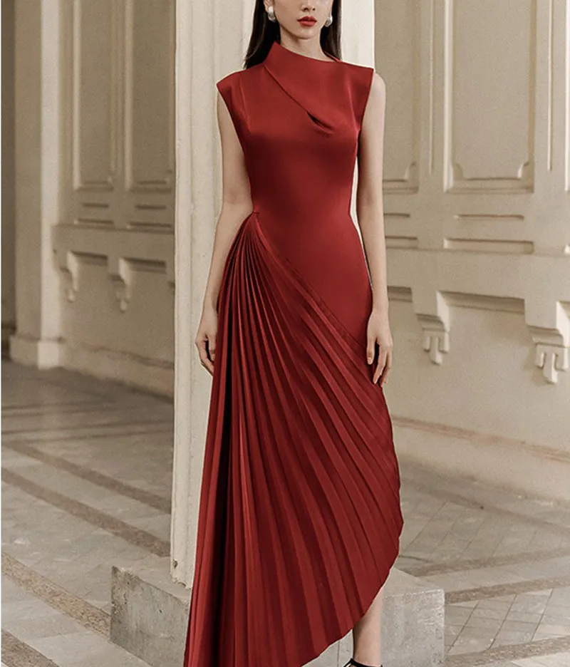 Elegant Burgundy Asymmetrical Evening Dress 2024 O Neck Sleeveless Pleats Ankle Length Women Formal Gowns Party Prom Dresses Saudi Arabia Robe De