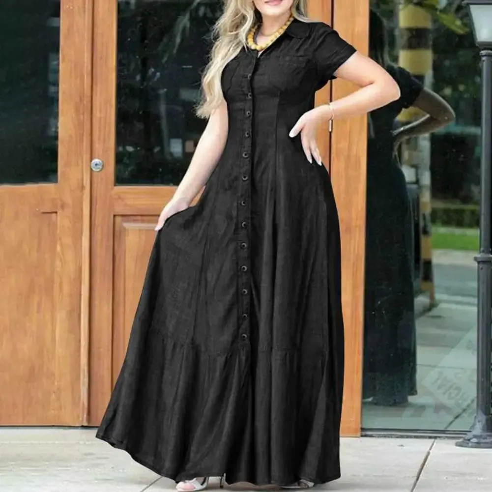 chinese dress ladies Womens Casual Maxi Button Down Shirt Ruffle Denim Dress Short Sleeve V Neck  Tunic Dress Flowy Swing Western Long Jean Dresses Black at Amazon Women's  Clothing store main image 1