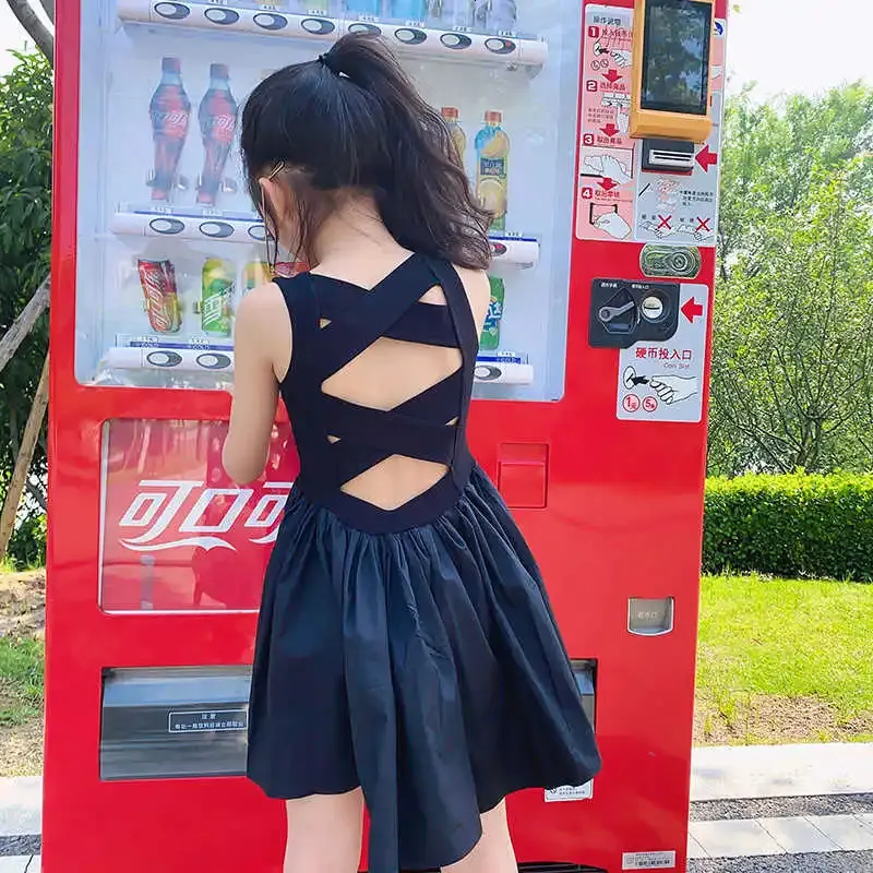 Young Girls Elegant Goth Dresss Black Sleeveless Tutu Dress