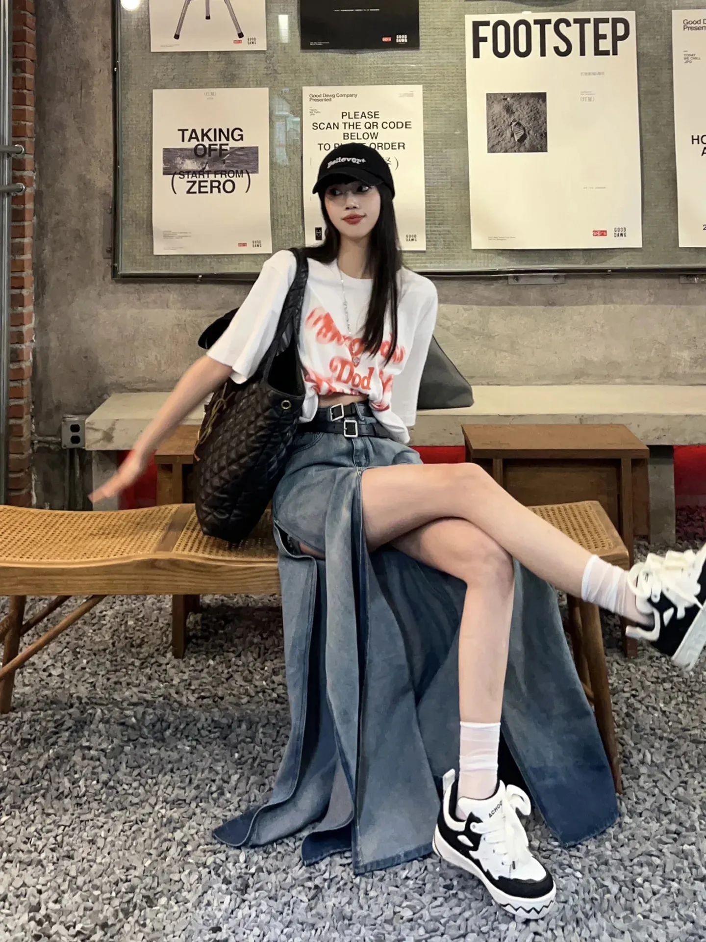 White jean skirt 90s outfit online