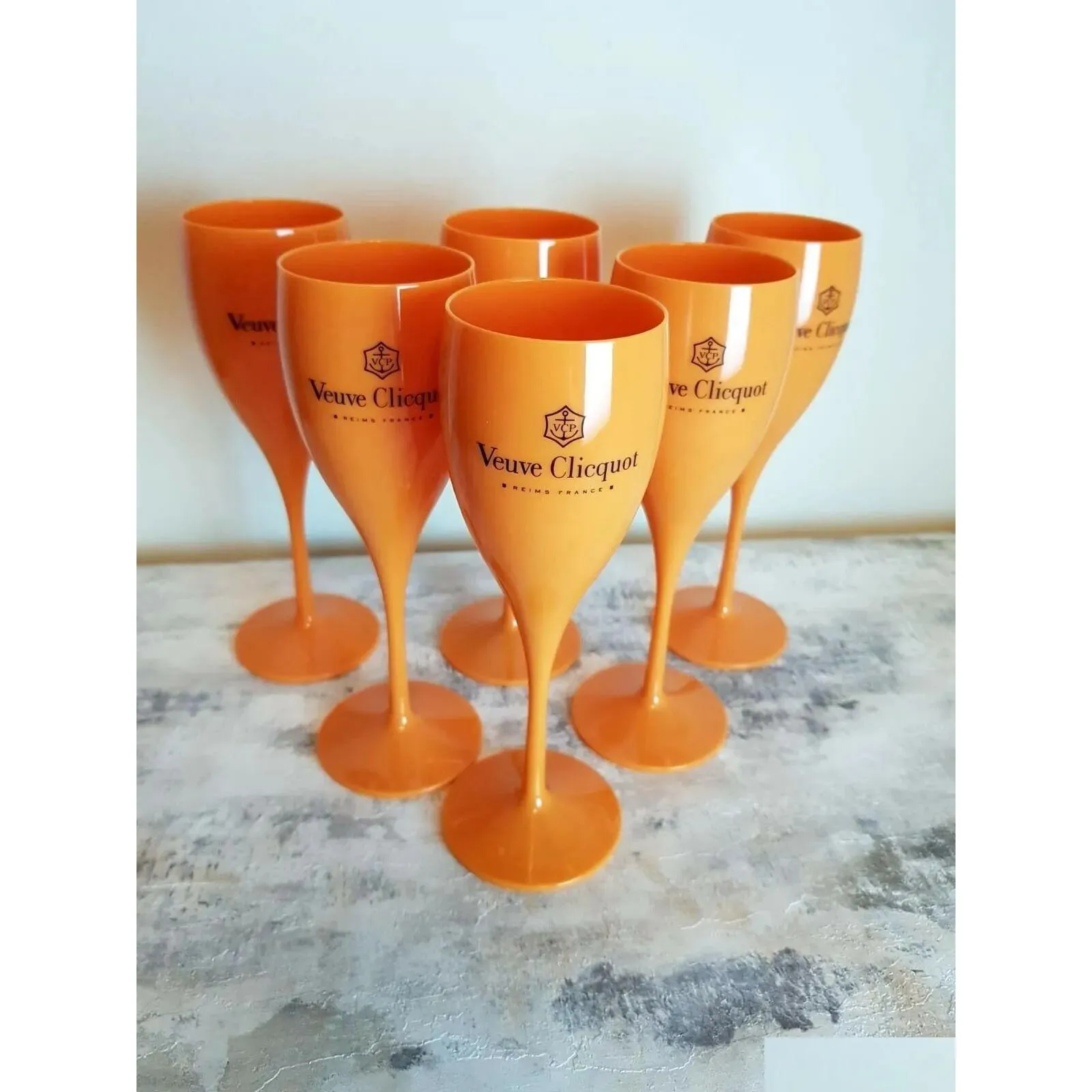 All Match Acrylic Plastic Champagne Flutes Set of 6 Veuve Clicquot Orange Flutes 180ml Perfect for Home Garden Kitchen Dining and Bar