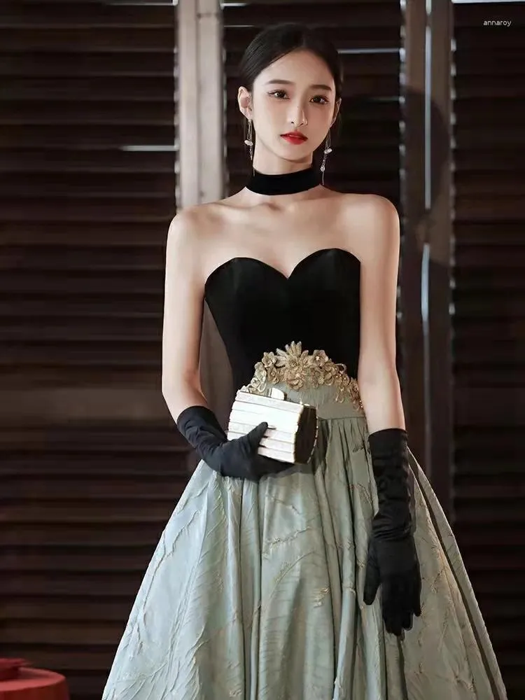 blue dress for baby girl Black Velvet and Tulle Long Lace Party Dress, Black A-line Formal Dres –  Cutedressy main image 0