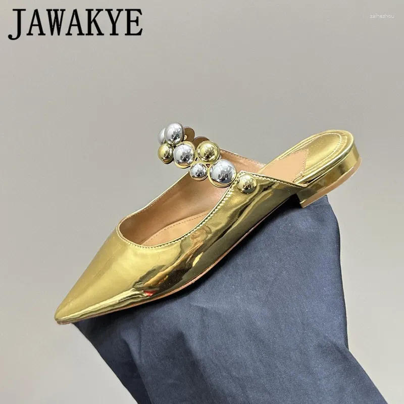 Slippers Metal Decor Ladies Brand Mules Summer Mesh Flat Heel Flip Flops Beach Shoes Women Elegant Pointed Toe Dress