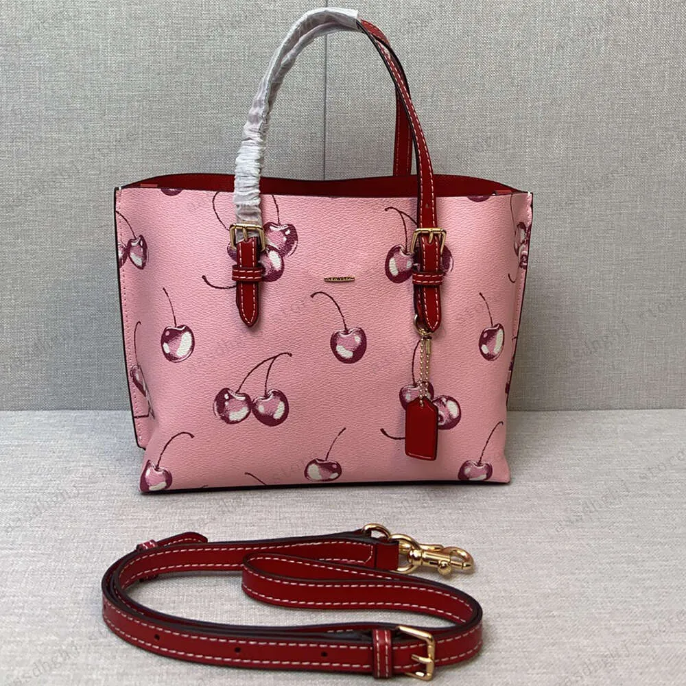 Luxury Red Cherry Print Tote Pink Shoulder Bag For Women