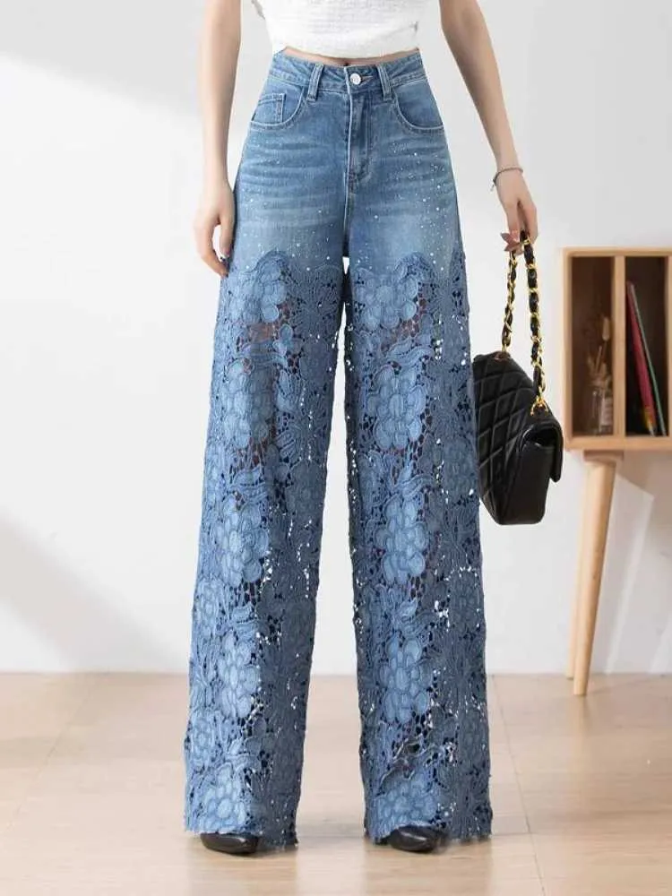 Women s Wide-Leg Denim Pants with Lace Decoration Mid-Rise Waist
