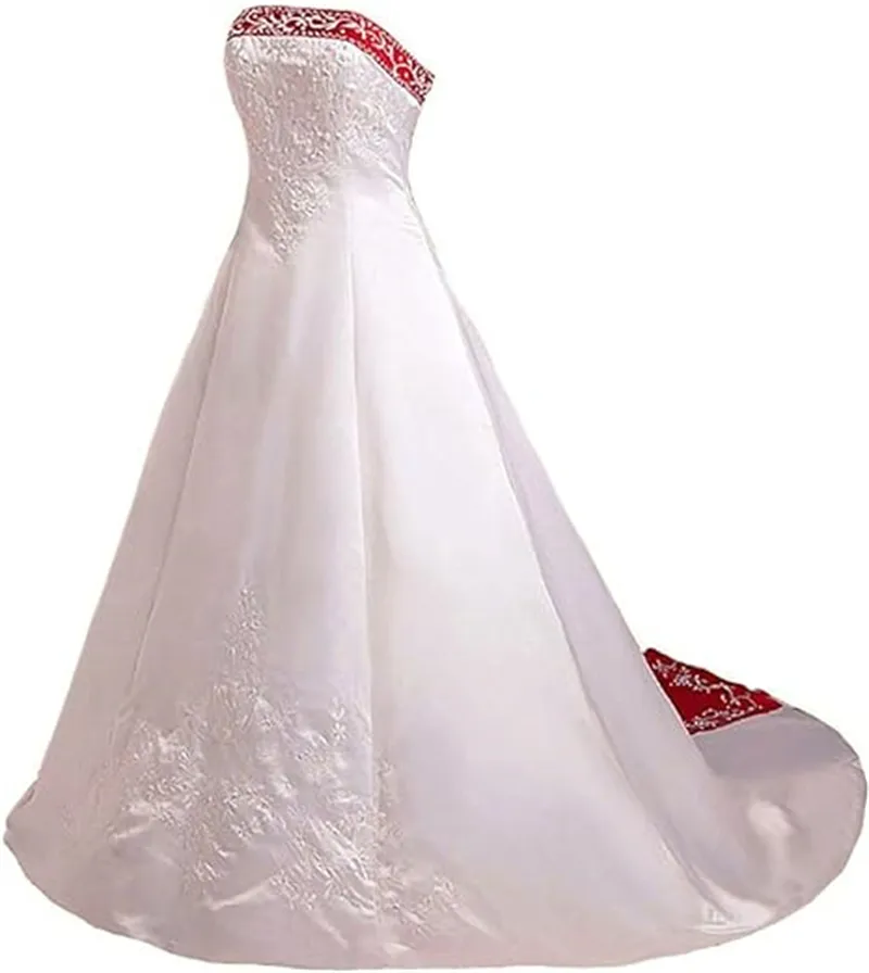 fitted lace wedding dress FairOnly White Satin Red Embroidery Strapless Wedding Dress Bridal Gown  (XL, White Red) at Amazon Women's Clothing store main image 0