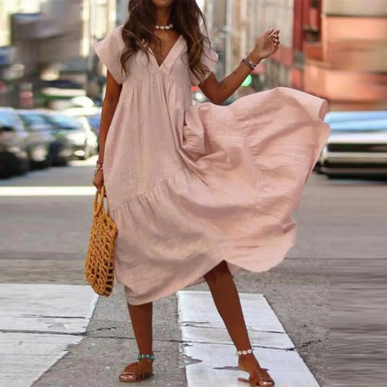 Basic Casual Sleeveless V-Neck A-Line Knee-Length Dress for Juniors in  Polyester