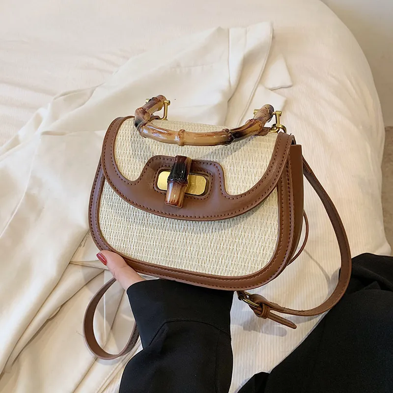 Avondtassen mode stro geweven vrouwen kleine handtassen splitsen ontwerp dame zadel handtassen met bamboehandgreep 231219
