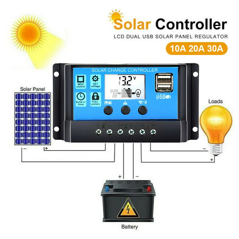 Solar Charge Controllers 30A 10A PWM With LCD Display 12V/24V Solar ...