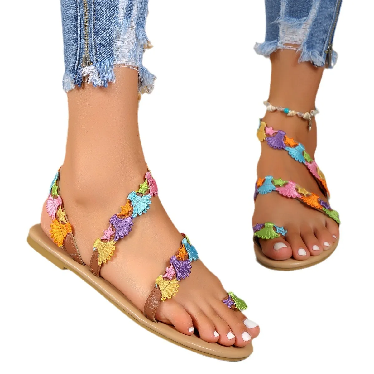 Discount floral print flat sandals Top Sellers