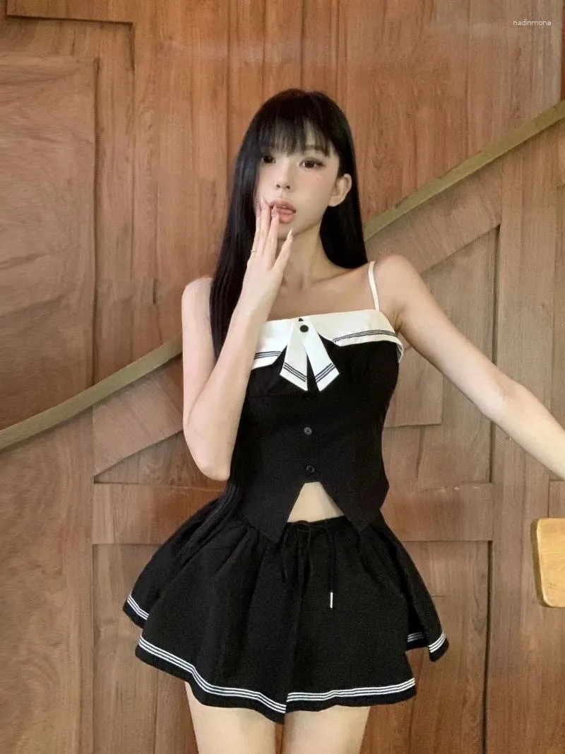 Preppy Style Suit with Bow Top and A-line Skirt