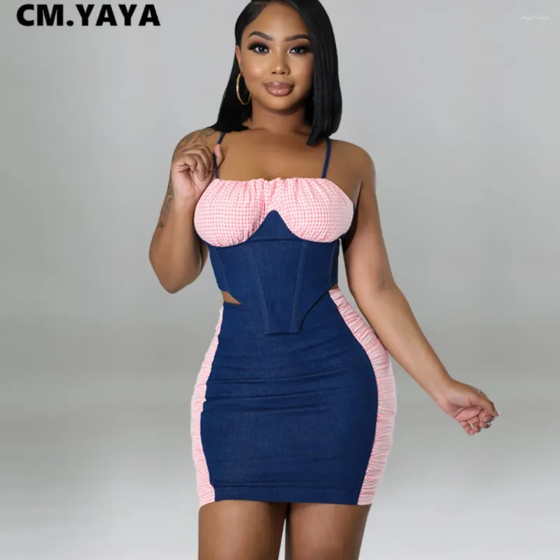 Work Dresses CM. Elegant Plaid Demin Patchwork Jean Mini Midi Skirt And Croset Crop Top Matching Two Set Outfit For Women 2024 From Maonidayi 22.31 DHgate.Com