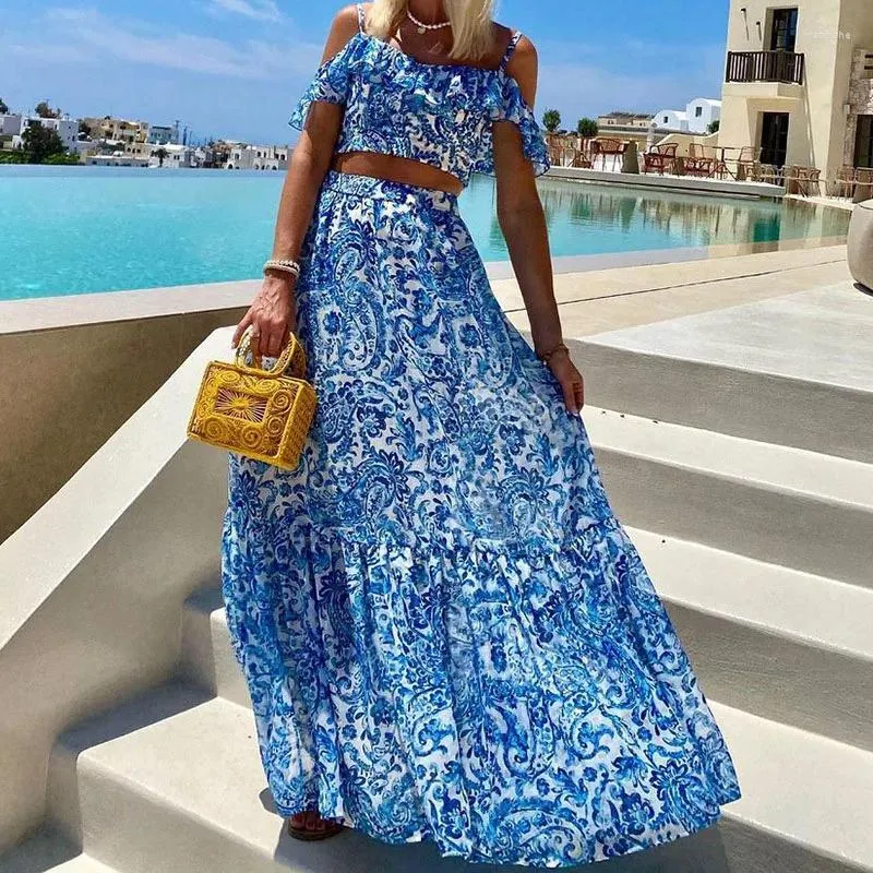 2Pcs Elegant Pleated Party Outfits: Off-Shoulder Top Maxi Skirt Set