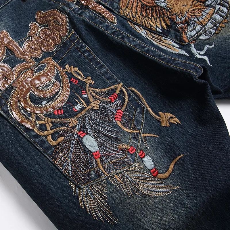 Loose Straight Men s Jeans Pocket back Embroidered Jeans Mid waist Denim Pants Dark Blue Autumn Winter