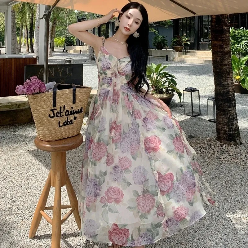 Floral Print Chiffon Floral Chiffon Maxi Dress - Backless, Bandage Slip, Elegant for Summer Beach Parties and Fairy Occasions
