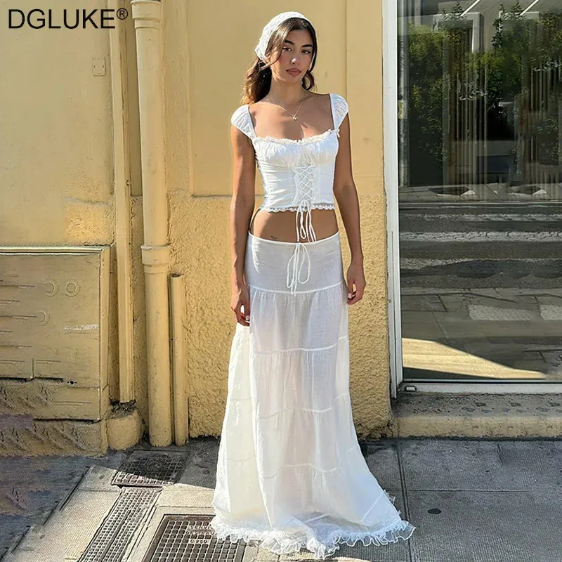 Elegant White Maxi Skirt Sets: 2-Piece Summer Beach Crop Top and Flowy Long  Skirt for Women's Holiday Outfits