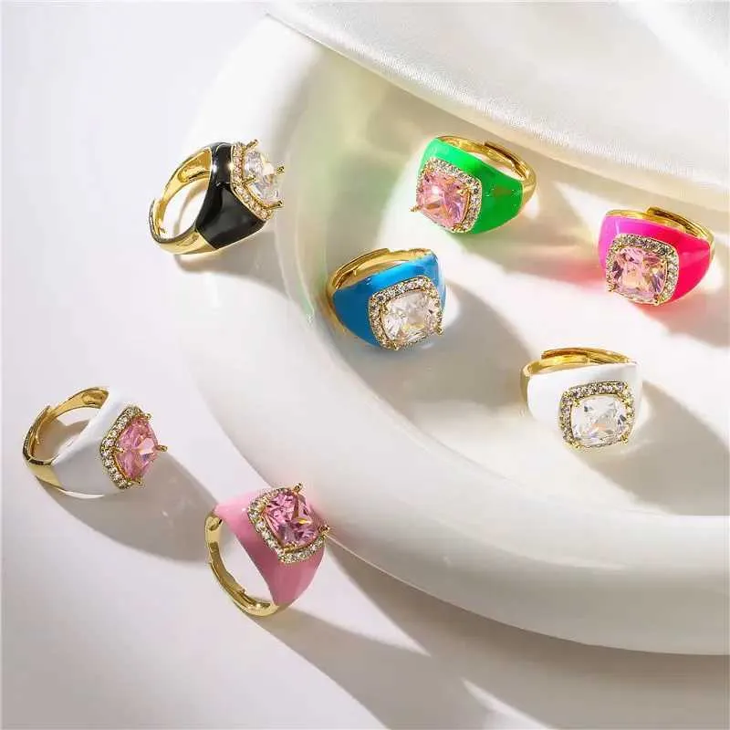 Anillo abierto de zirconia con esmalte multicolor para mujer oro_voghion.com