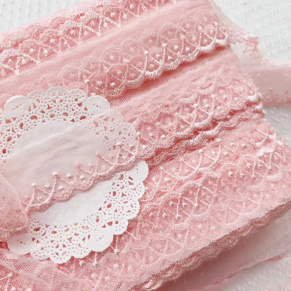 Soft Mesh Pink Polyester Fabric Venise knitted lace edge - 5