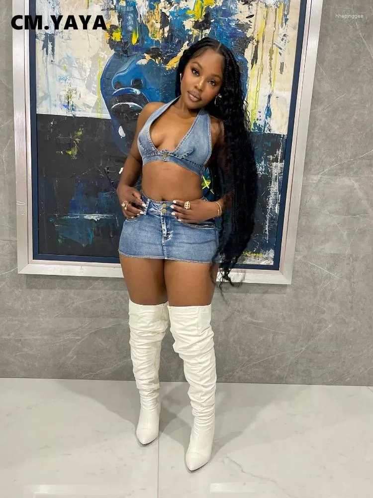 Summer Denim Piece Outfits for Women Sleeveless Halter Vest Tops and  High Waisted Jeans Skirts Backless Streetwear