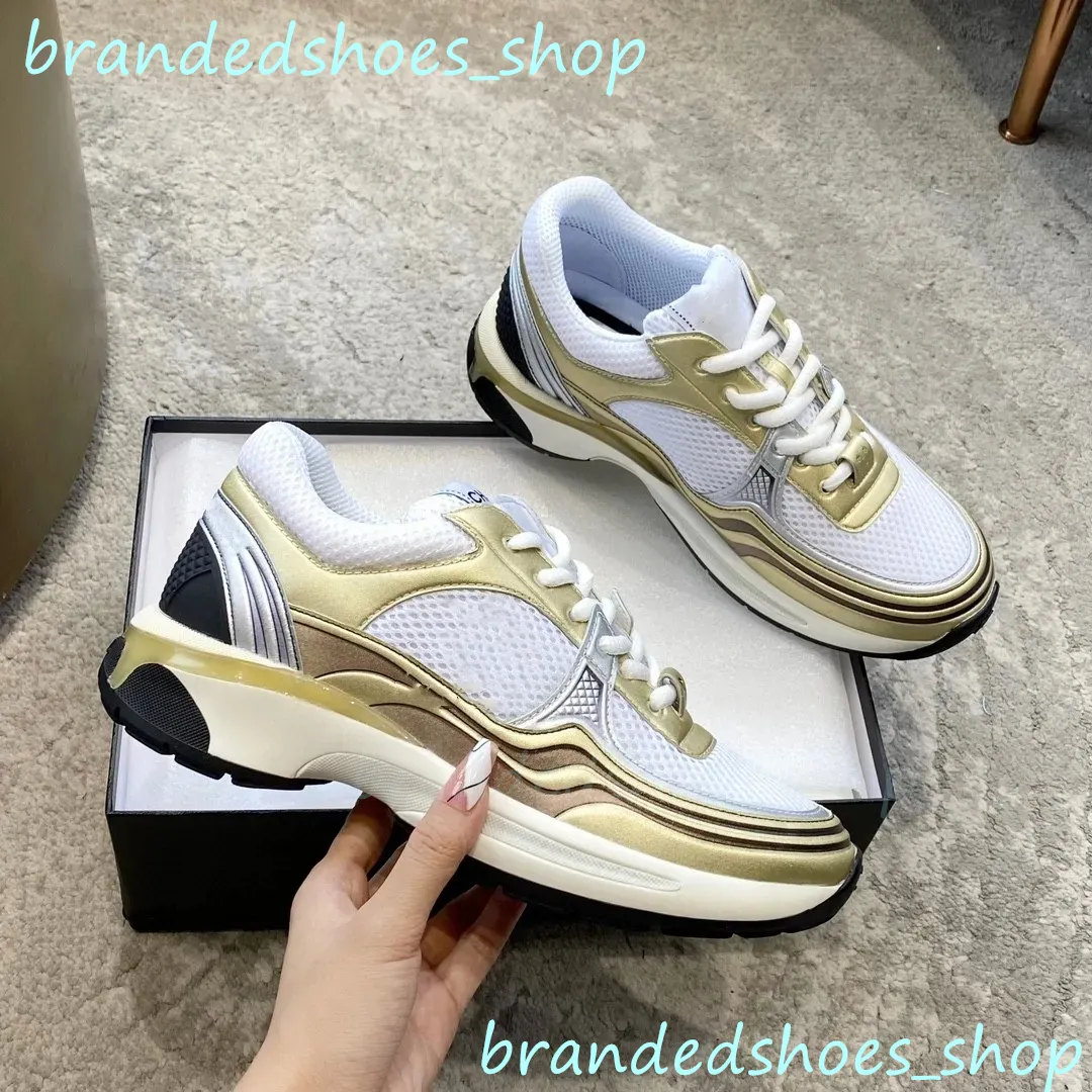 Sneakers Designer Shoes Running Leather Sport Runner Lace Up Sneakers Shoe Gold Silver Metallic Flat Womans Trainer Mesh Calfskin Nylon Reflective