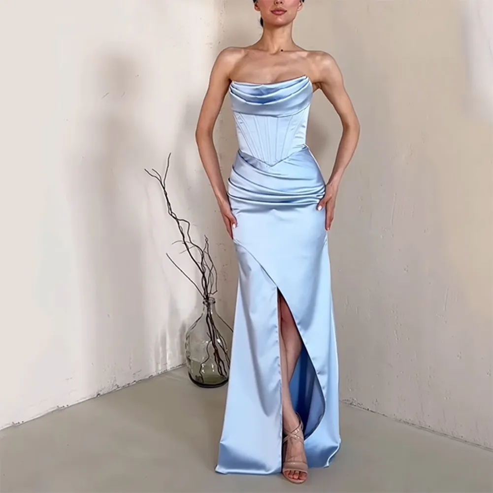 Strapless Mermaid Evening Dress Long Light Blue Satin Formal Prom Gown with  Slit from Dhgate Boutique Occasion Dresses - price 88.45