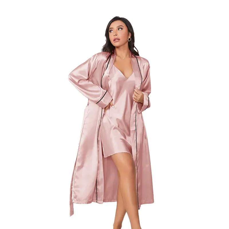 Solid Twinset Robe Suit Womens Satin Chemise Nightgown Kimono Bathrobe Gown Set 2023 Spring New Sexy Loungewear V Neck Sleepwear From 35 DHgate